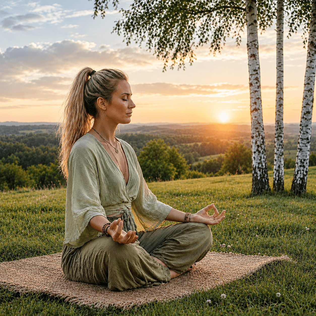 2LS Spiritualiteit mediterende vrouw bij zonsondergang met ondegaande zon in rood gele gloed aan de horizon