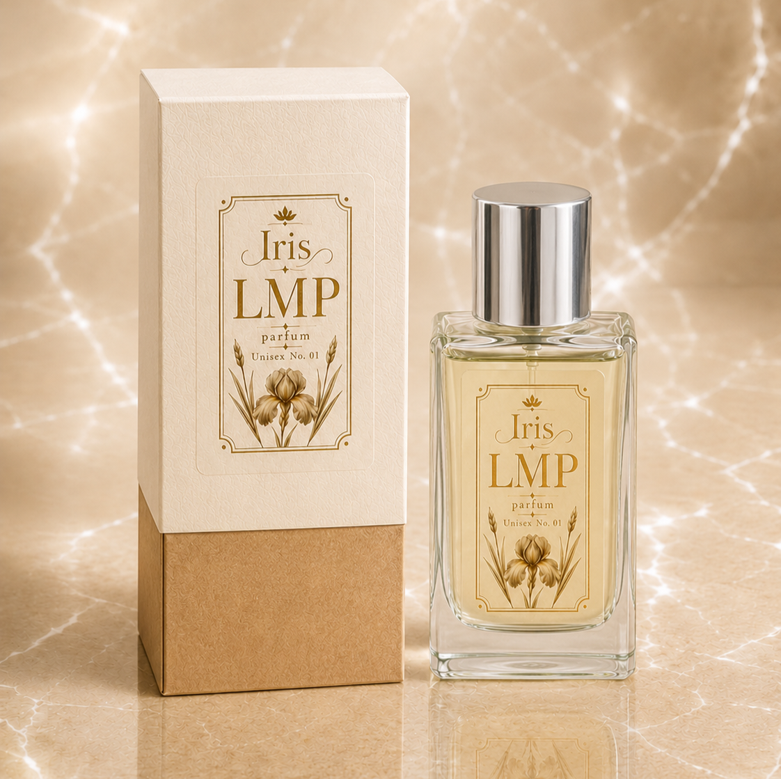 Iris LMP parfum doosje en flesje op lichtbeige glimmende natuursteen uitgestald