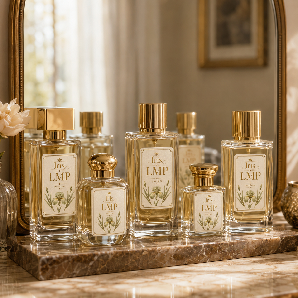 Luxe parfumflacons van Iris LMP Parfum gepresenteerd op een elegante marmeren ondergrond met warme gouden accenten.