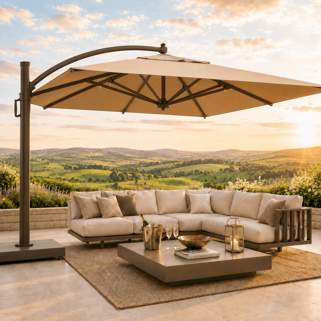 Grote beige hoekbank met een zweefparasol op een terras met uitzicht over een heuvelachtig landschap