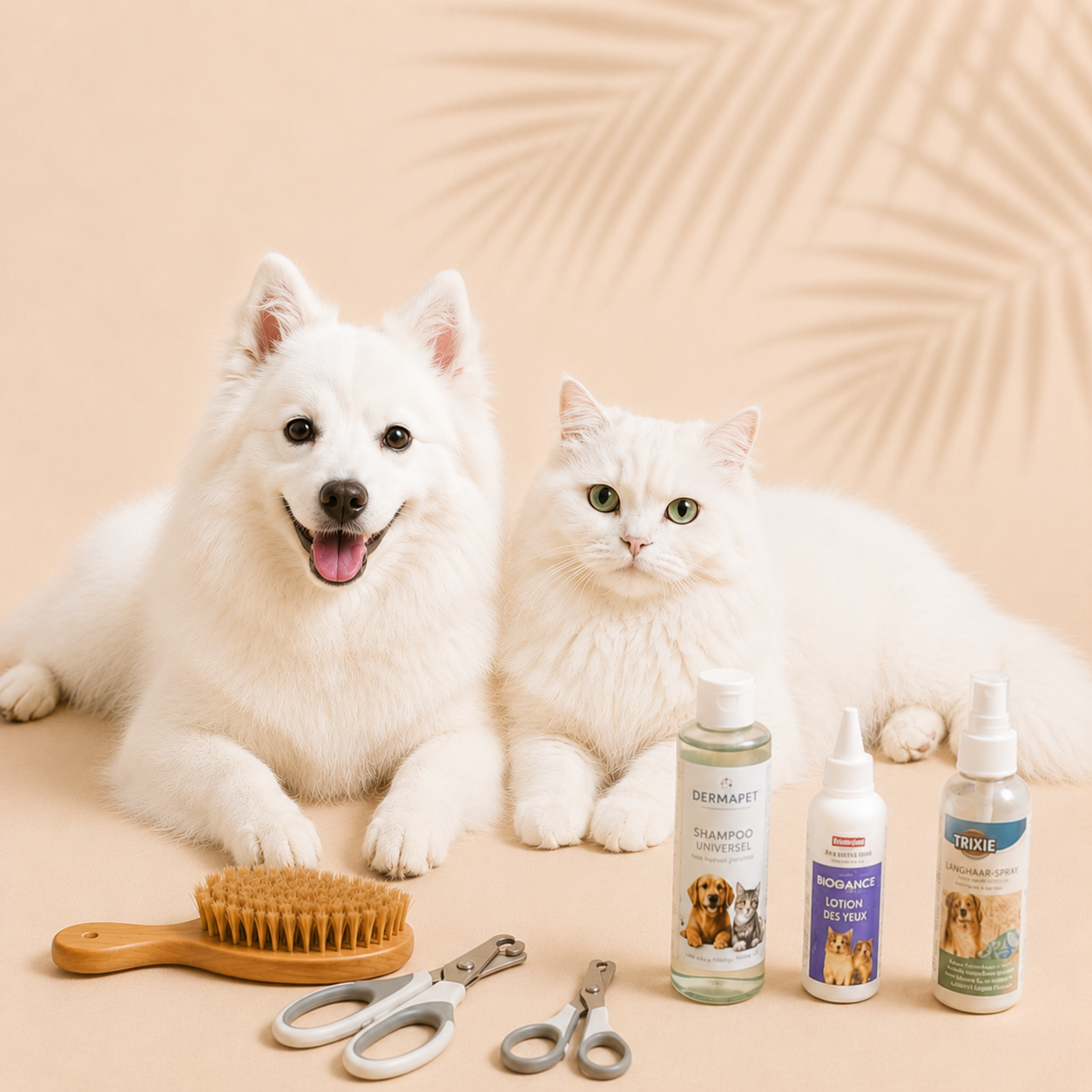 Spierwitte dwergkees hond en Perzische kat die rustig naast elkaar liggen voor zich uit te kijken naar verzorgingsartikelen als een borstel, nagelknippers en busjes spray voor honden en katten