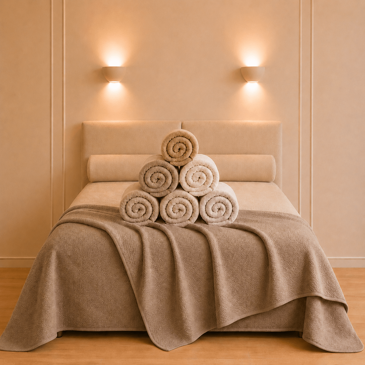 Een tweepersoonsbed met een beige bedsprei waarop een piramide van zes opgerolde handdoeken of dekens ligt