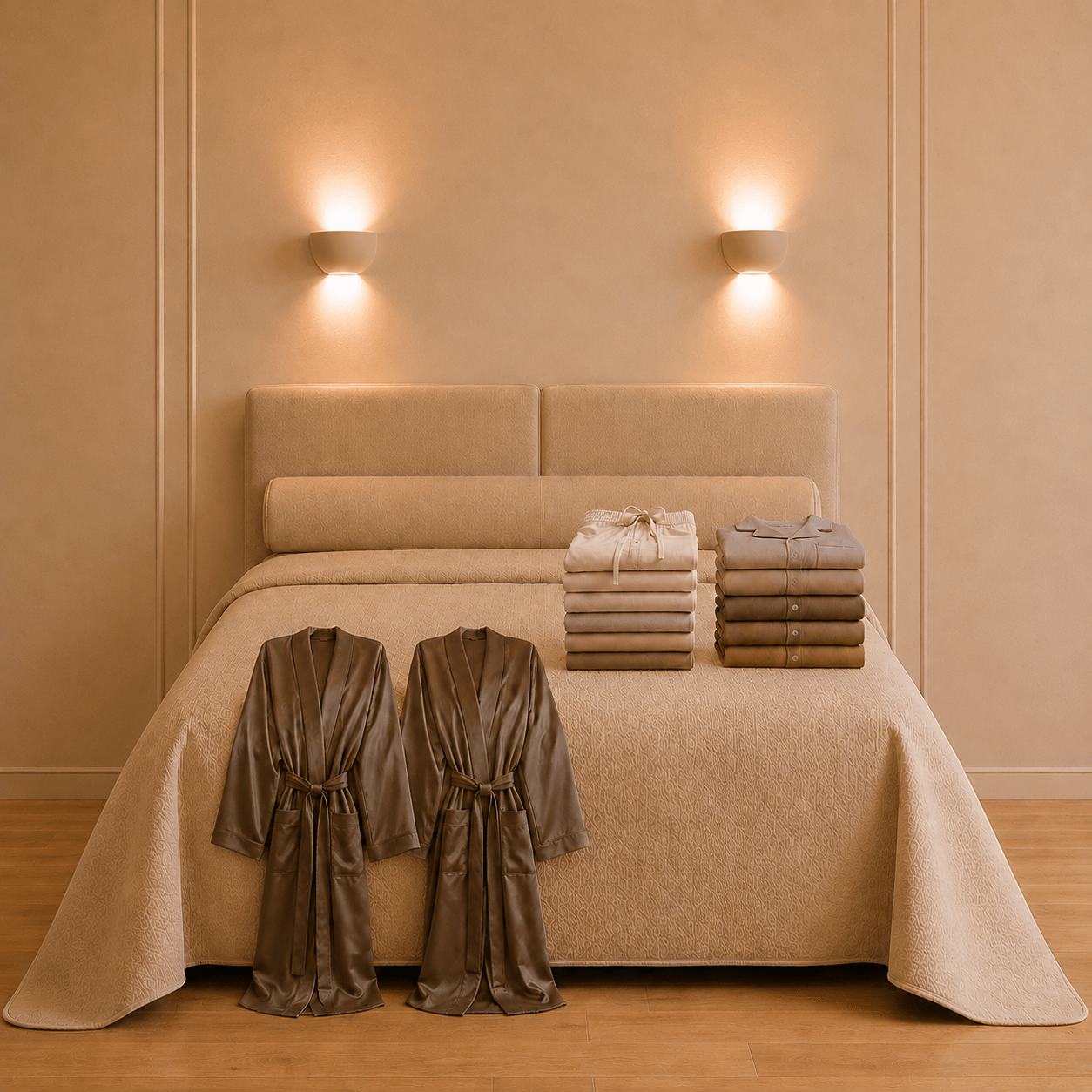 Twee satijnachtige bruine ochtendjassen hangend voor een bed met daarop twee stapels opgevouwen nachtkleding in natuurtinten
