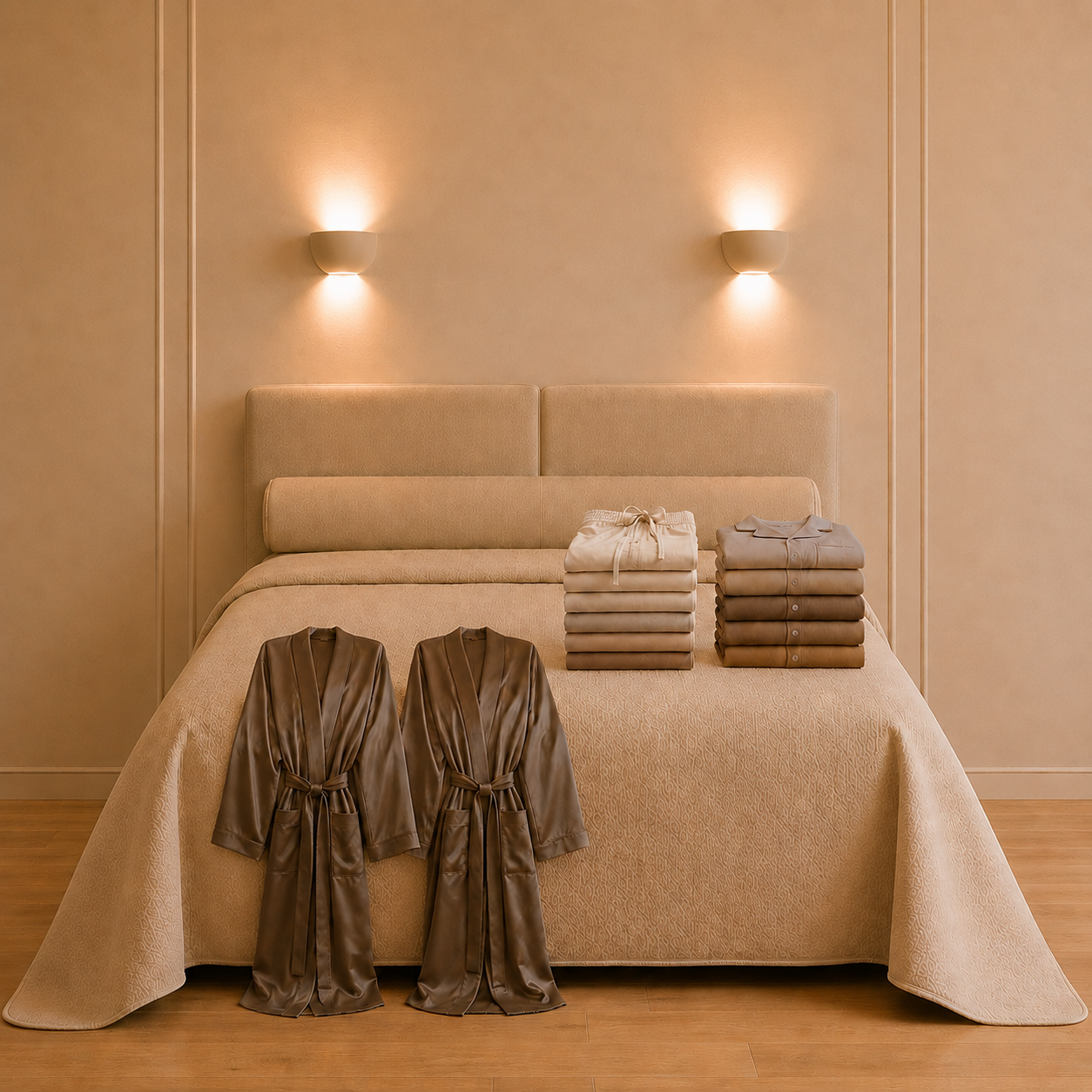 Stijlvolle nachtmode met pyjama's, kimono's en kamerjassen gepresenteerd in een warme beige slaapkamer.