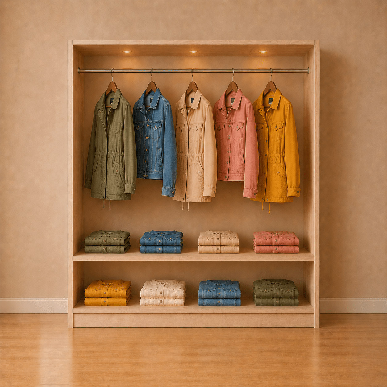 LMF Fashion fashion jassen en trendy dames jasjes hangend in een houten kledingkast van LM Group Belgium