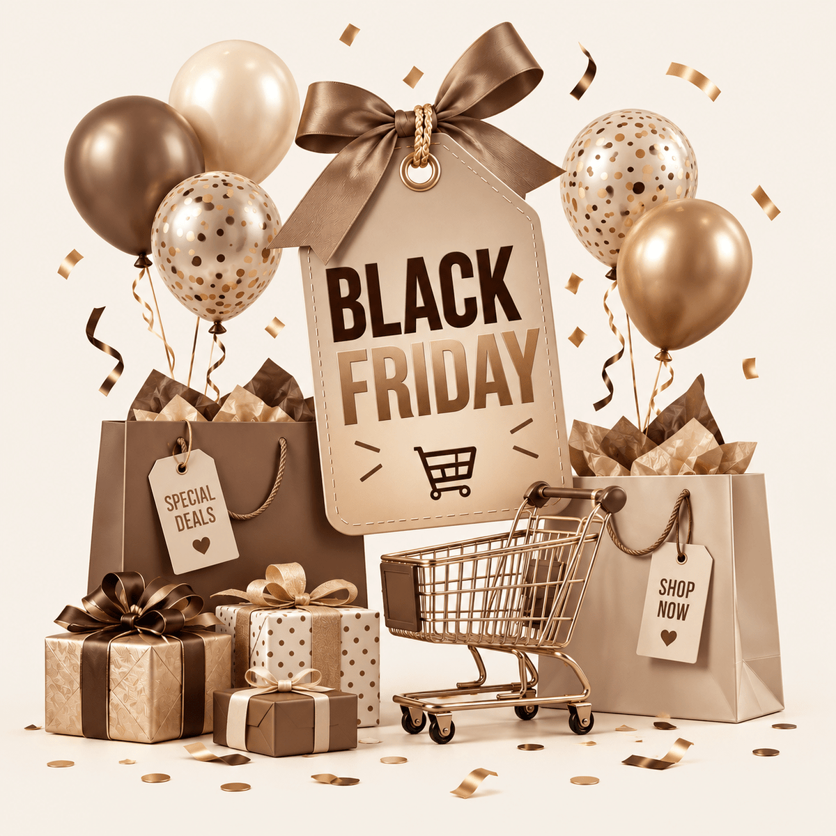 LM Group Belgium Black Friday foto met ballonnen, winkelwagen, winkeltassen en opschriften als special deals