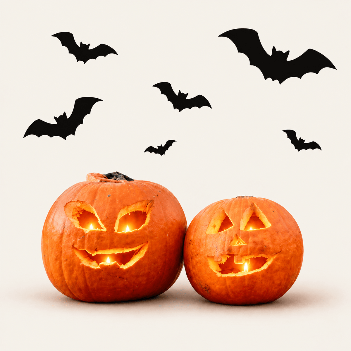 LM Group Belgium Halloween pompoenen die oplichten door kaarslicht omringd door zwarte vleermuizen