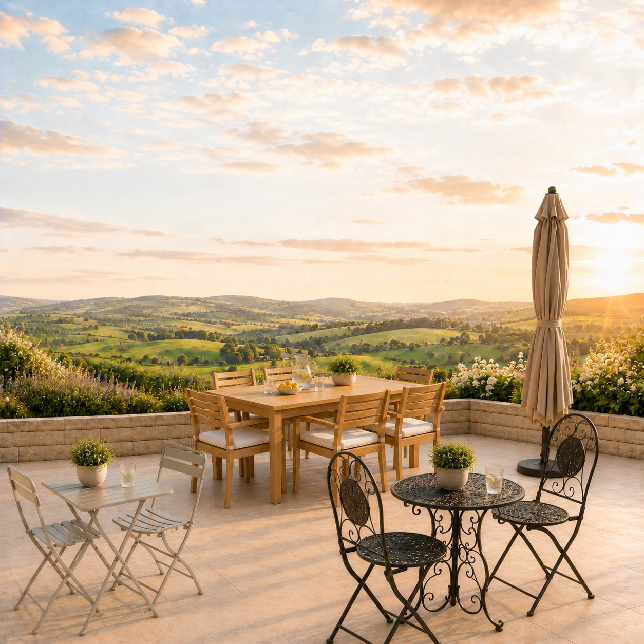 Houten tuinset, retro bistroset en terrasparasol op een lichtbeige terras met uitzicht over glooiende velden en landbouwpercelen.
