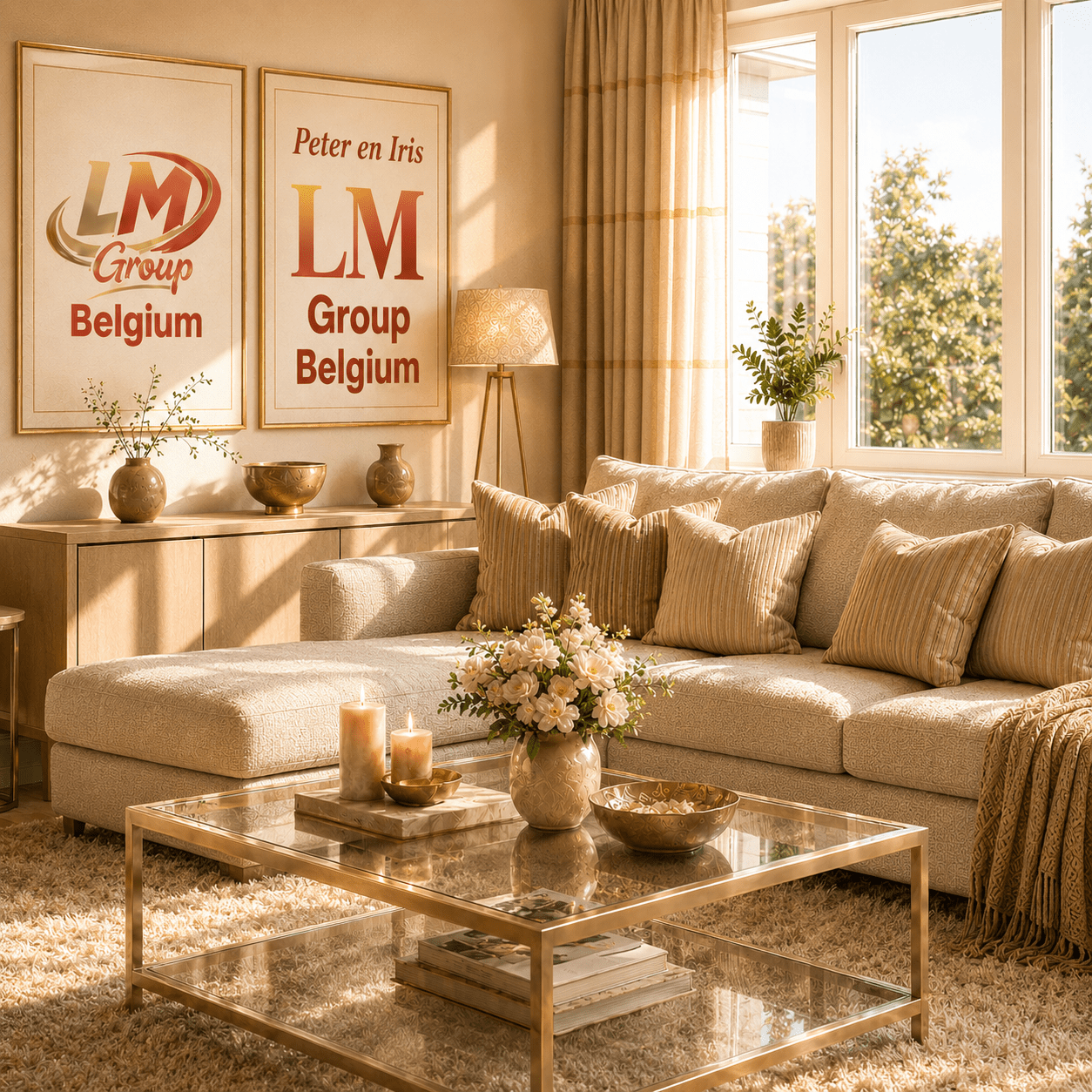 Beige woonkamer met een moderne bank, glazen salontafel en twee ingelijste posters van LM Group Belgium aan de muur
