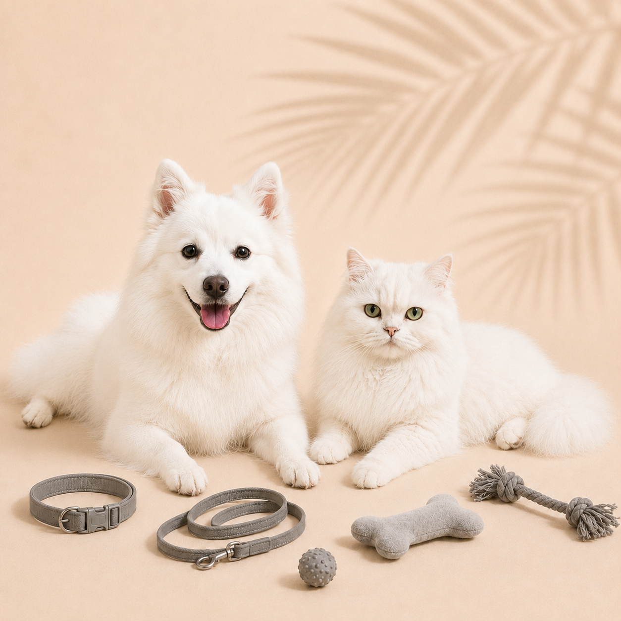Spierwitte dwergkees hond en Perzische kat die rustig naast elkaar voor zich uit liggen te kijken naar een halsband, leiband en speeltjes voor honden en katten