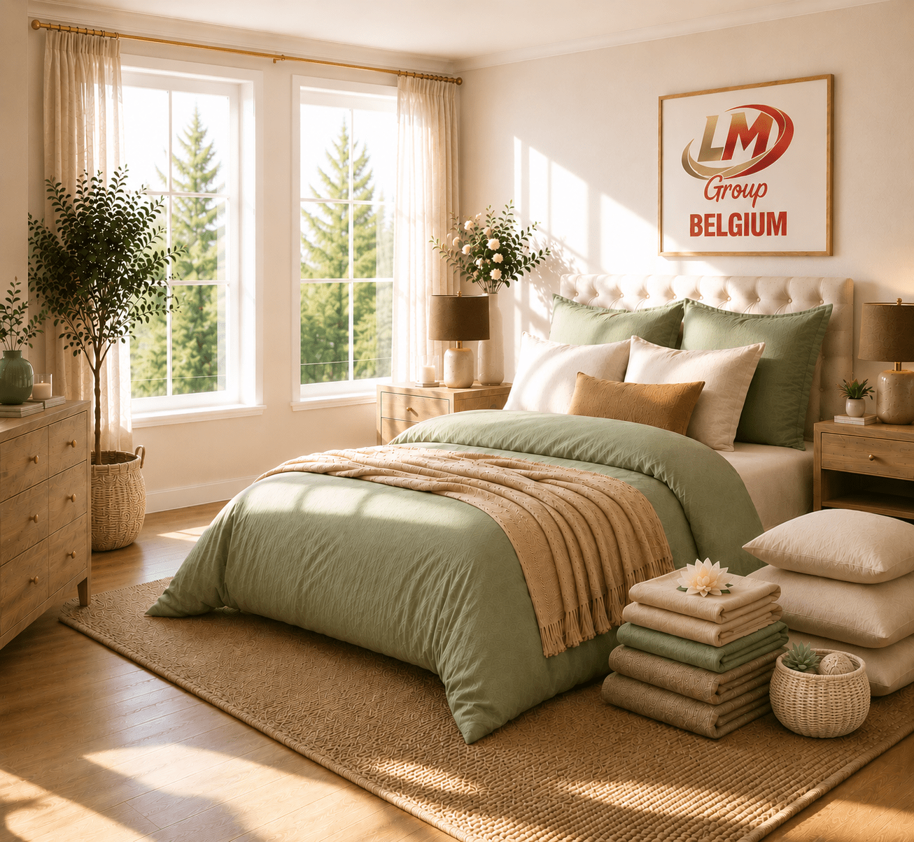 Opgemaakt tweepersoonsbed met een groen dekbedovertrek, beige plaid en kussens in een lichte slaapkamer met een vloerkleed