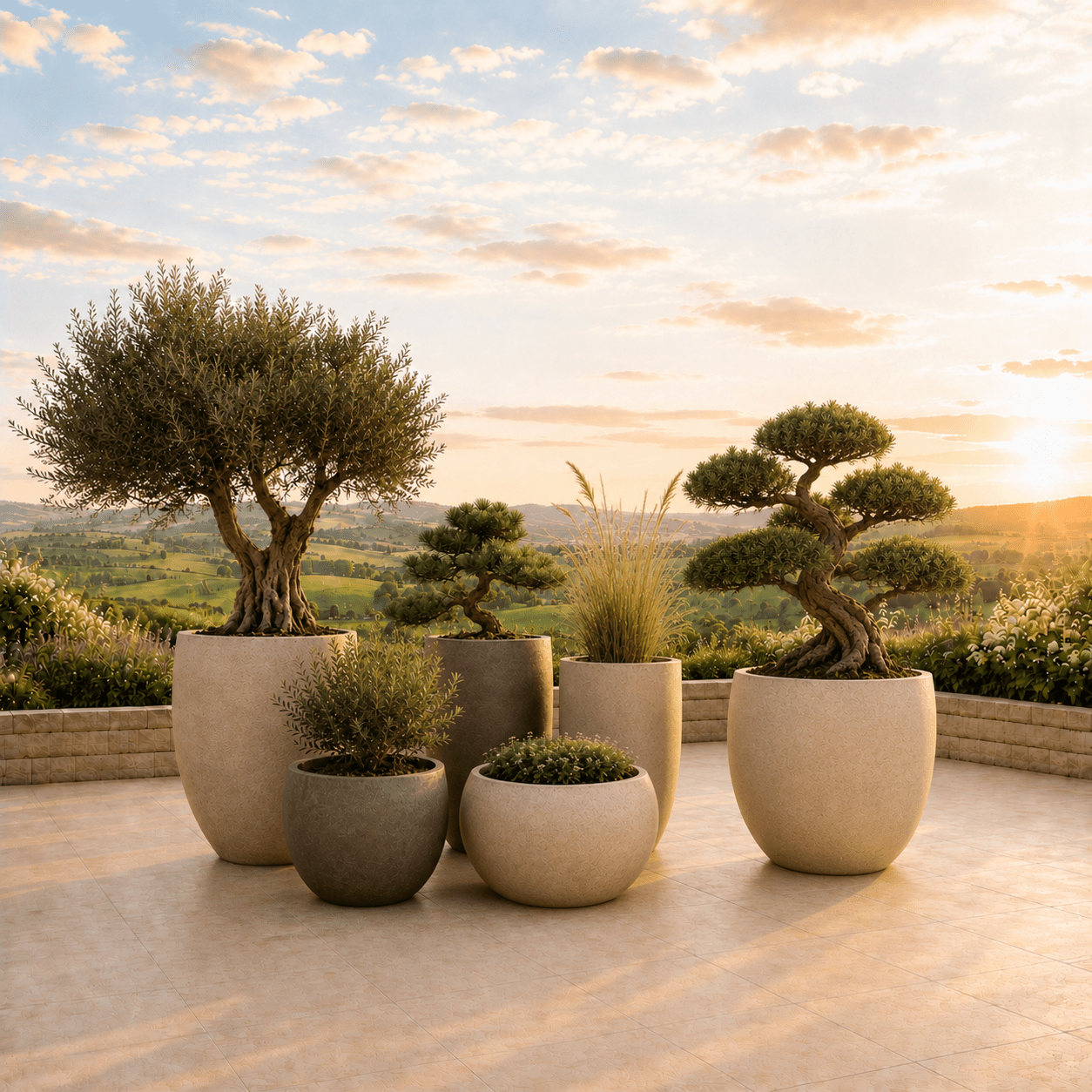 Grote ronde plantenbakken met een olijfboom, bonsaiboompjes en siergras op een terras bij zonsondergang