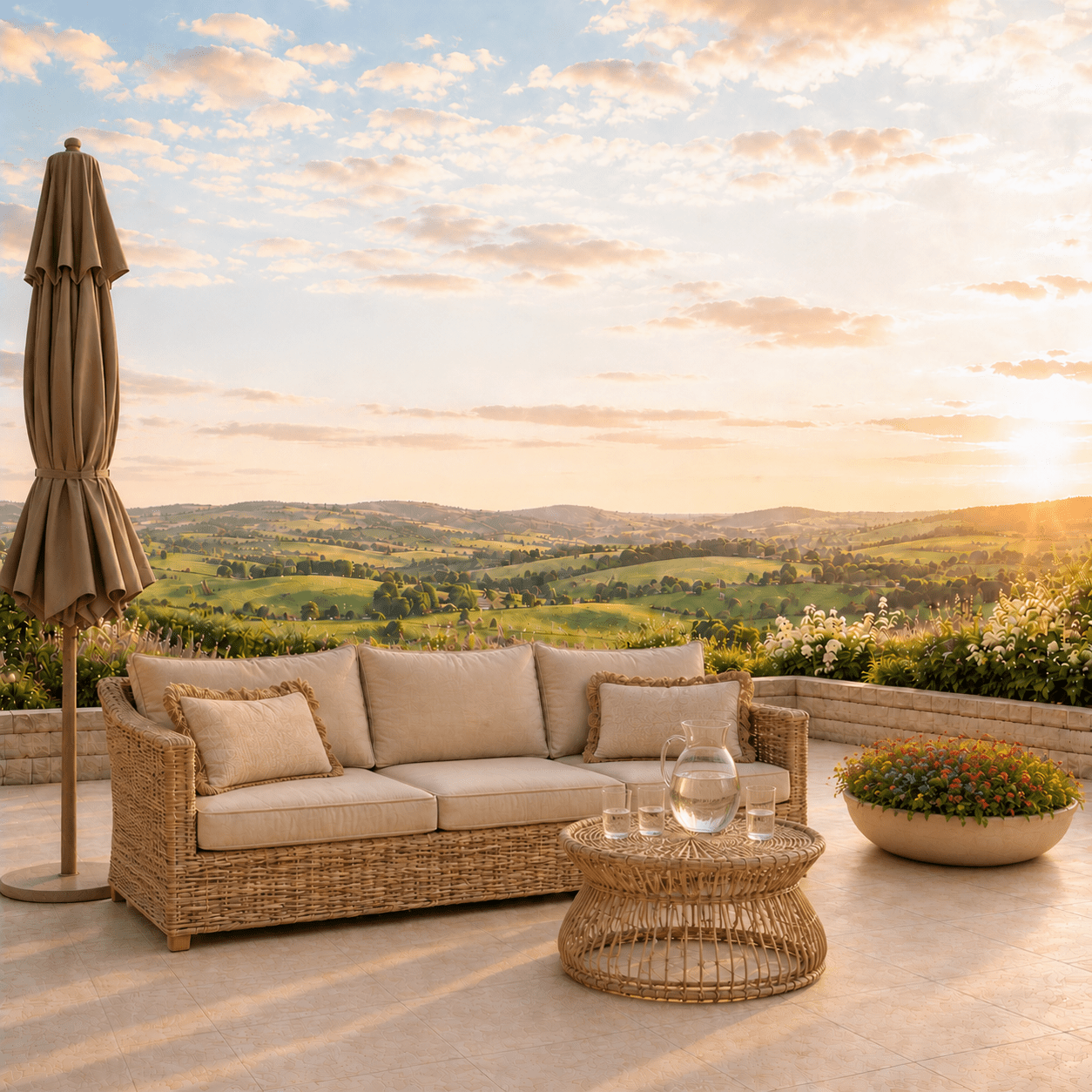 Rotan loungeset met parasol op een terras met uitzicht over heuvelachtige velden tijdens een zonsondergang
