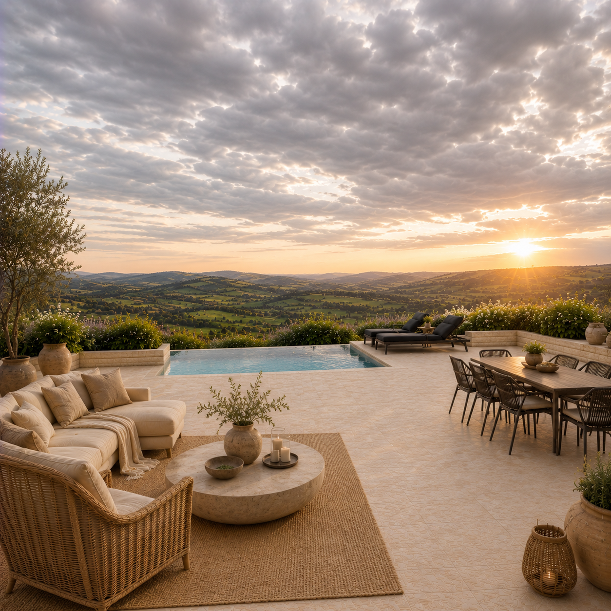 LMC Collections Tuindecoratie – luxe terras, lounge en buitenleven in beige stijl."