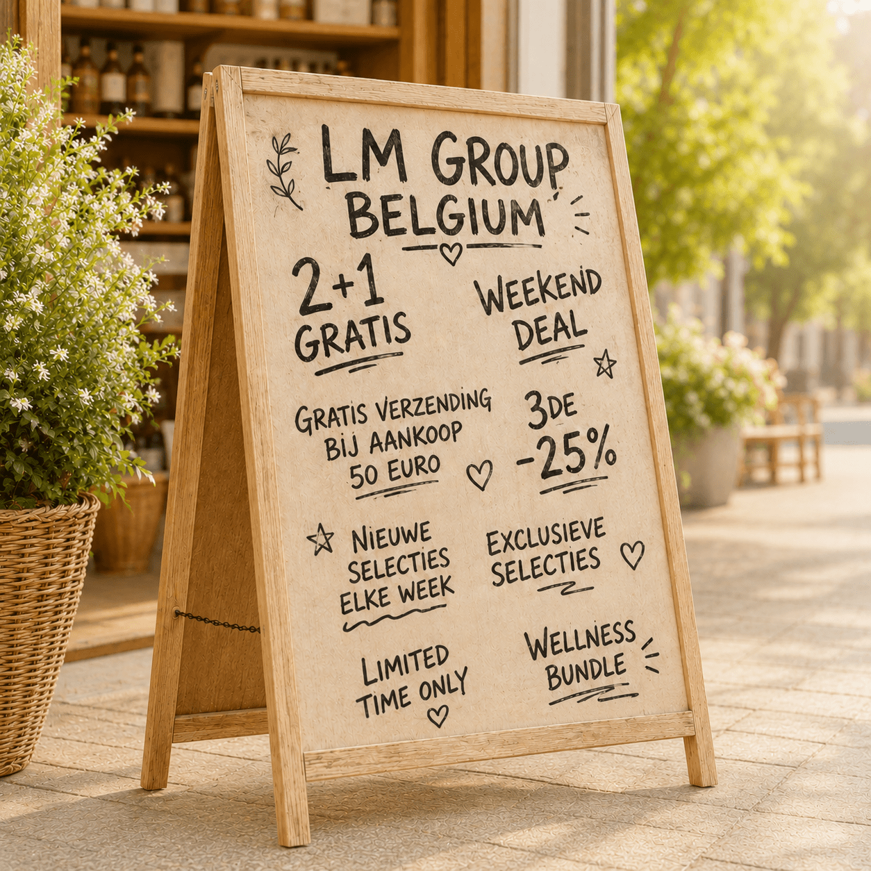 Stoepbord van LM Group Belgium met unieke kortingen, acties en weekenddeals
