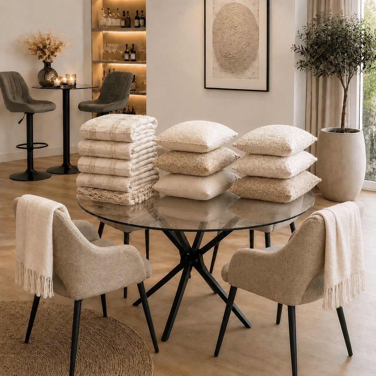 Sierkussens en woontextiel in warme beige tinten, stijlvol gepresenteerd in een modern en sfeervol interieur.