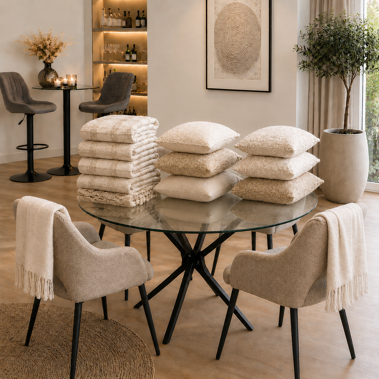 Sierkussens en woontextiel in warme beige tinten, stijlvol gepresenteerd in een modern en sfeervol interieur.