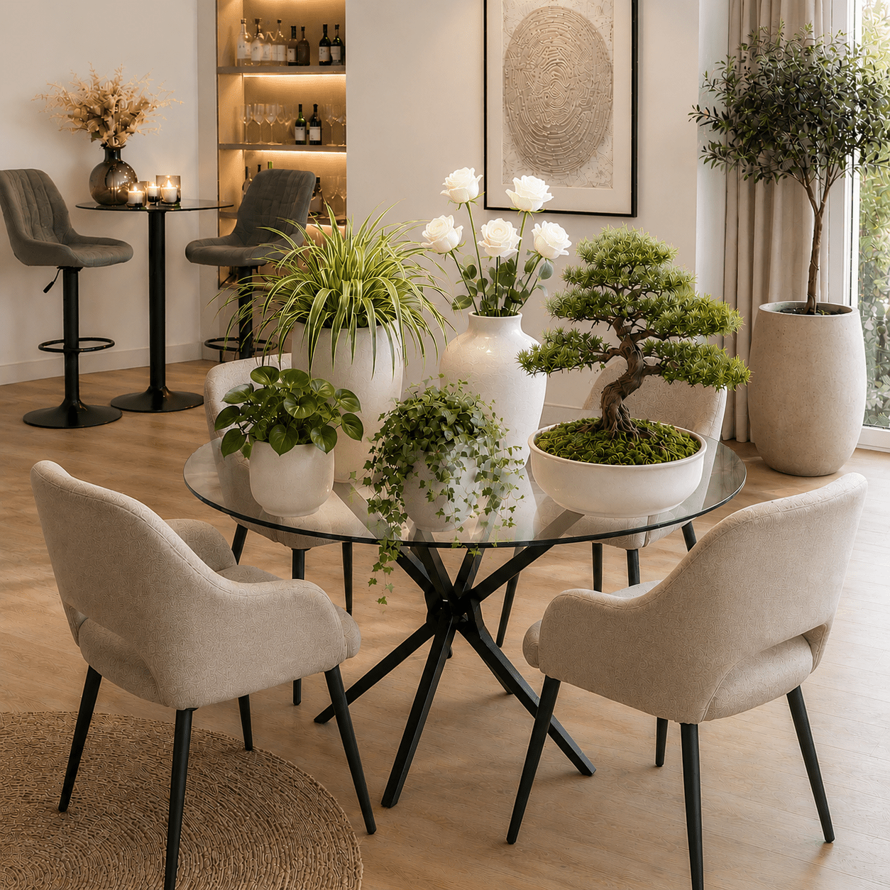Ronde glazen eettafel gevuld met witte vazen, groene kamerplanten en een bonsai in een beige interieur
