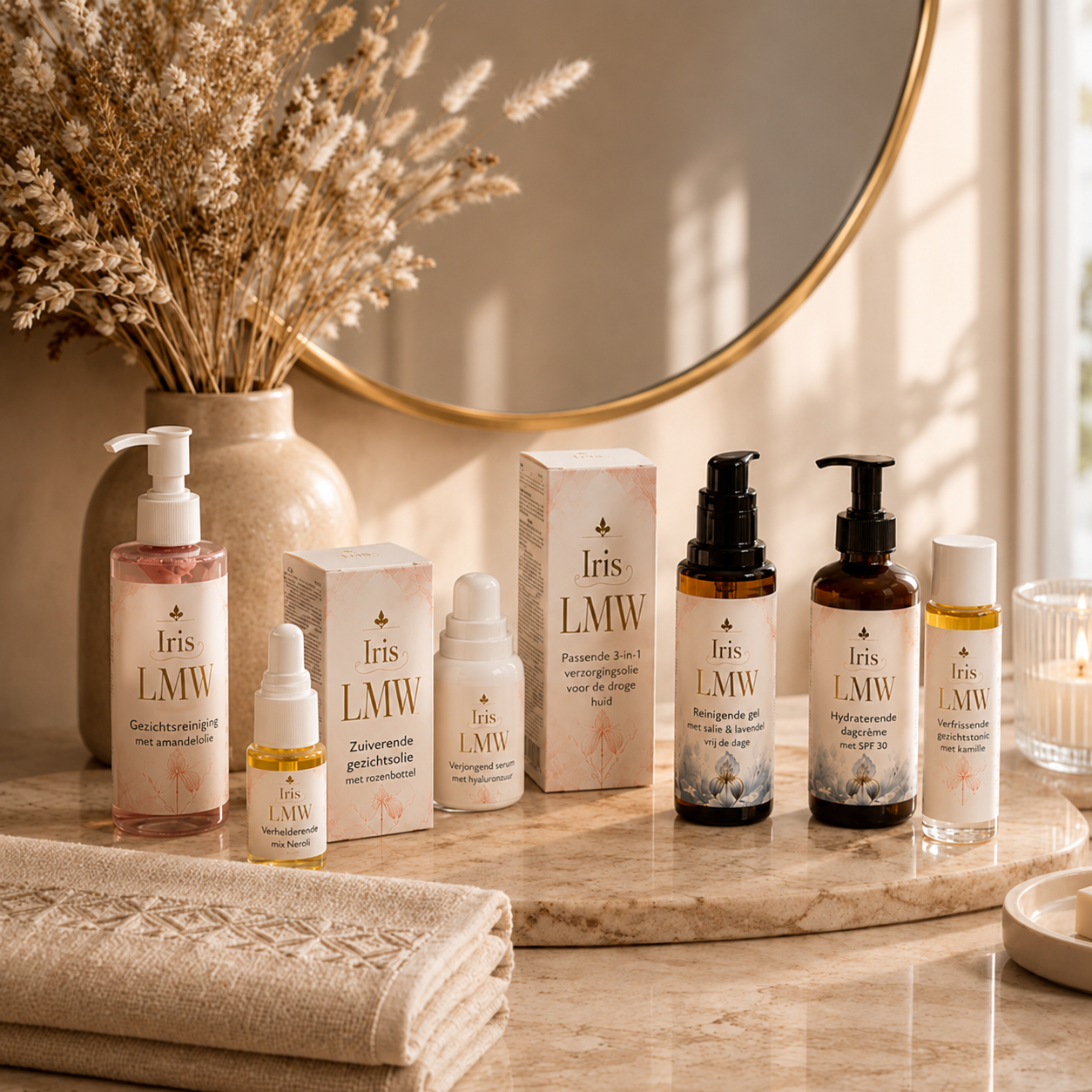 Iris Collections wellness- en verzorgingsproducten in een stijlvolle beige omgeving met focus op rust, kwaliteit en dagelijkse luxe.