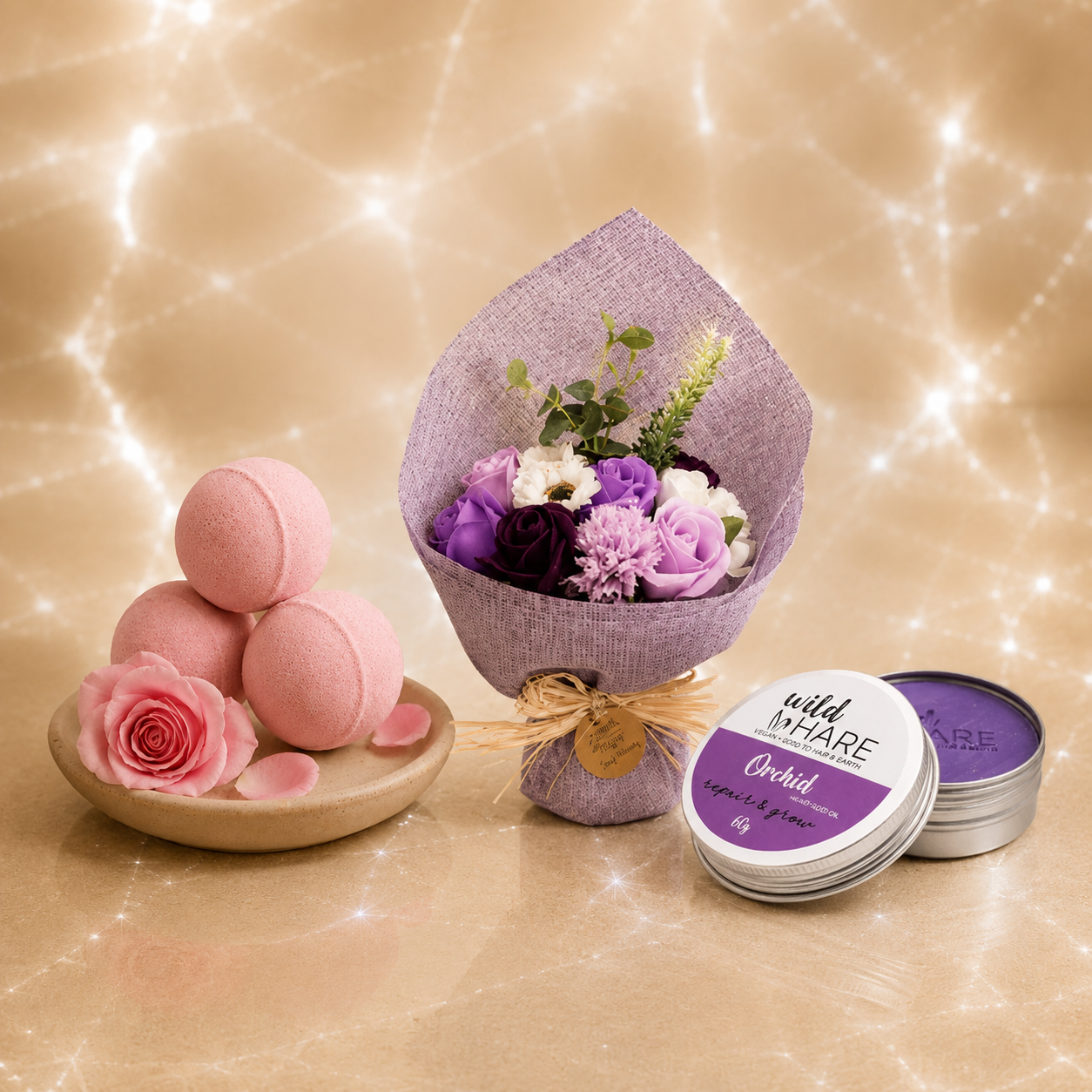 LMW Wellness-Care rustige lichtbeige achtergond uit natuursteen met witte lijnen waarin verzorgingsartikelen worden getoond.