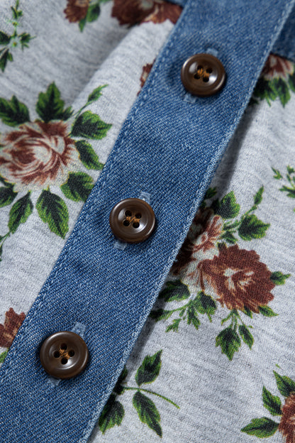 Gray Retro Floral Print Denim Patchwork Buttoned Polo Collar Top