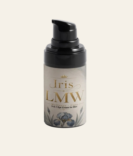 Iris LMW verpakking van 3-in-1 oogverzorging voor mannen met zichtbaar productetiket.