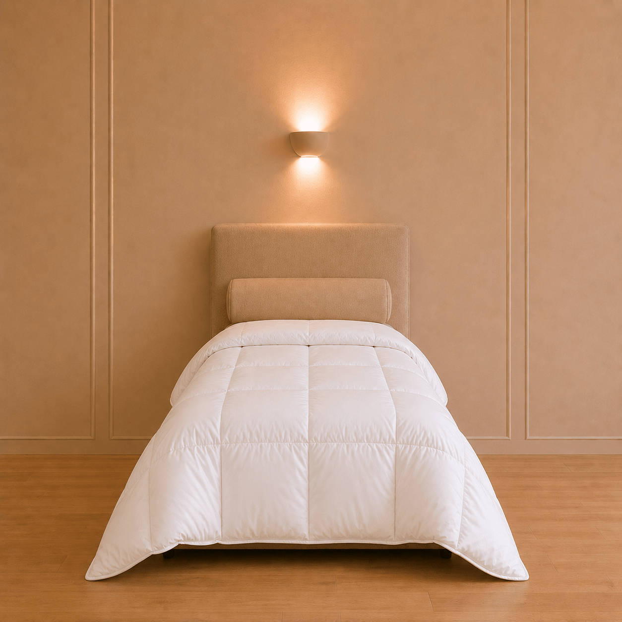 Wit 4 seizoenen dekbed van 140 × 200 cm op een eenpersoonsbed in een warme slaapkamer