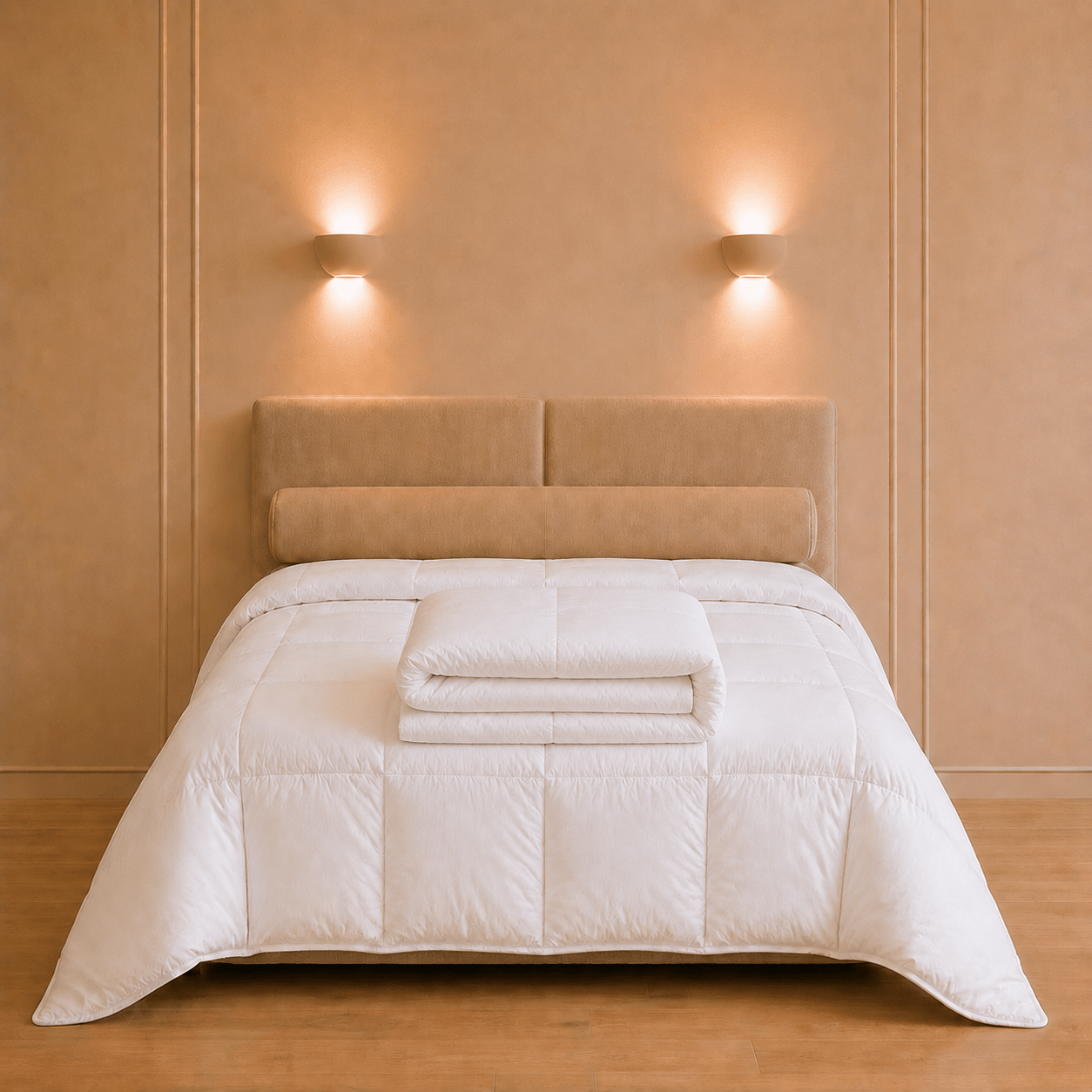 Tweepersoonsbed met een wit 4 seizoenen dekbed van 200 × 200 cm en een afzonderlijk gevouwen dekbeddeel