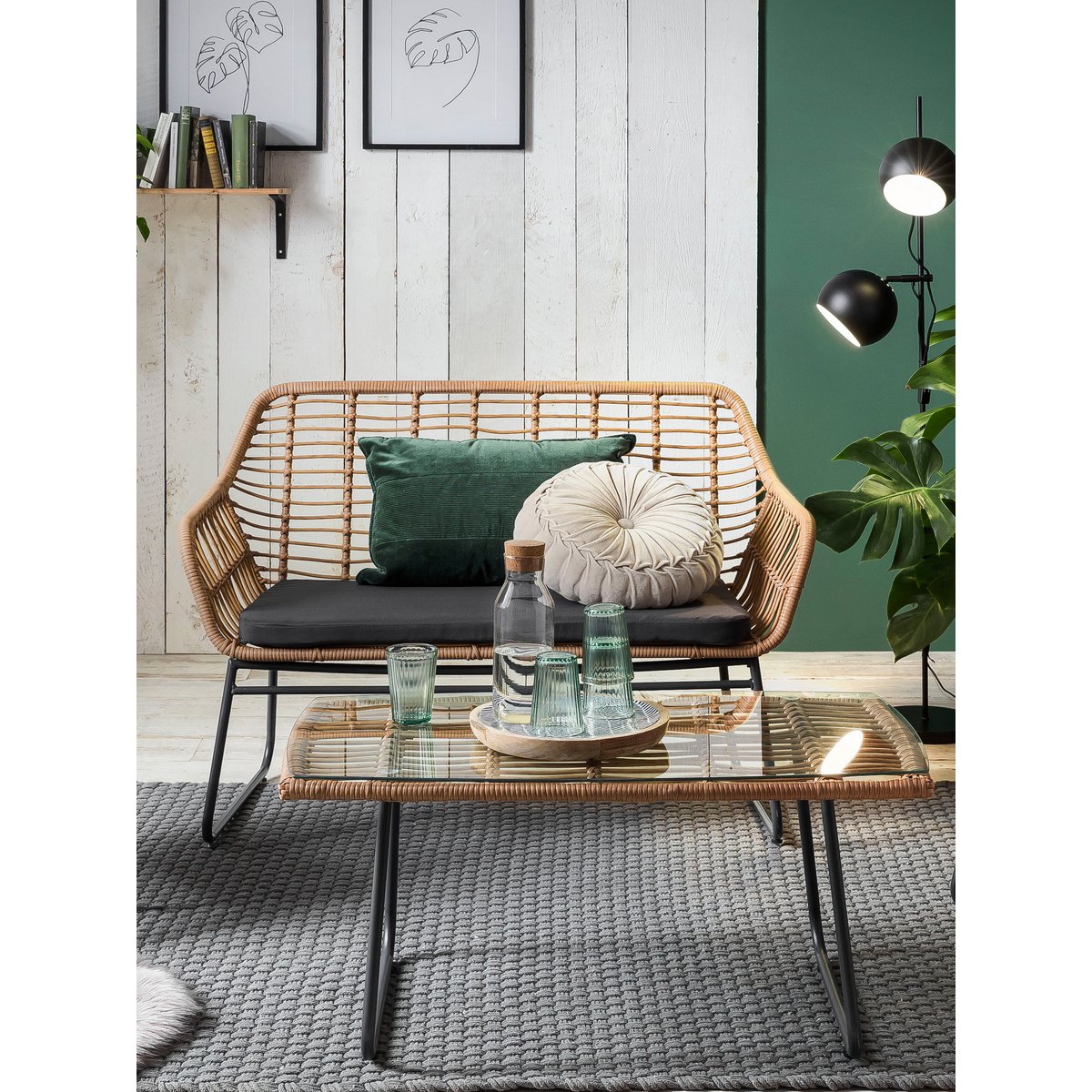 Tuinloungeset van polyrotan met 2 stoelen bank en tafel