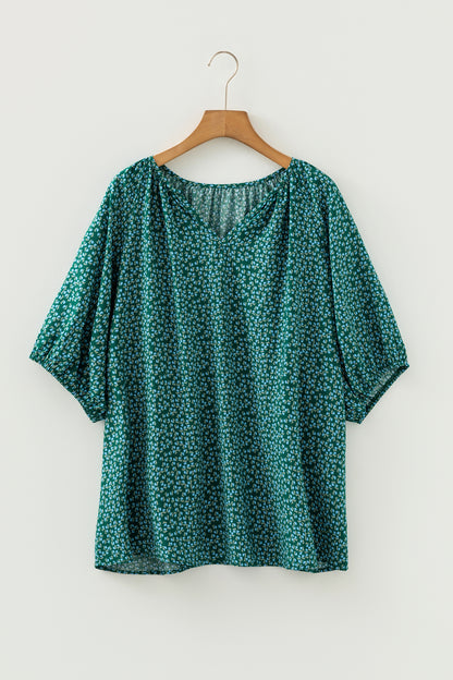 Yellow Boho Chic Notched V Neck Plus Floral Short Sleeve Top