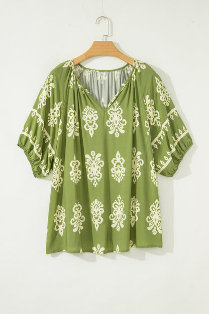 Yellow Boho Chic Notched V Neck Plus Floral Short Sleeve Top