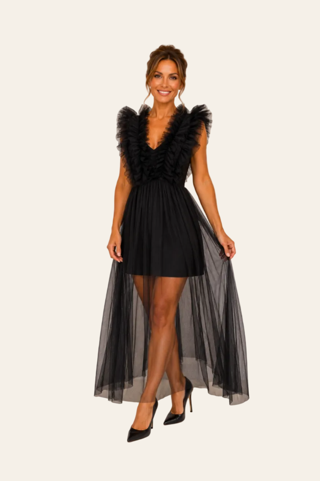 Espectacular maxi vestido con tul en capas