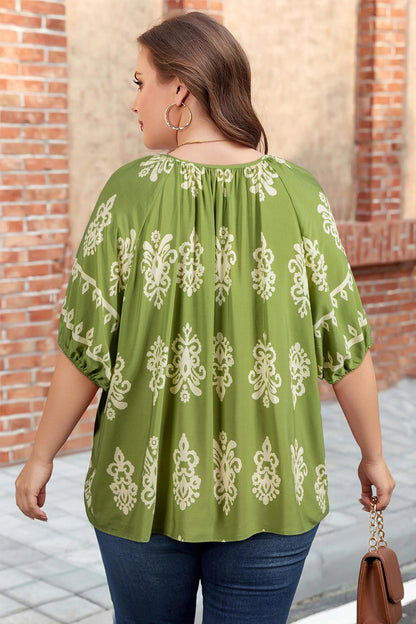 Yellow Boho Chic Notched V Neck Plus Floral Short Sleeve Top