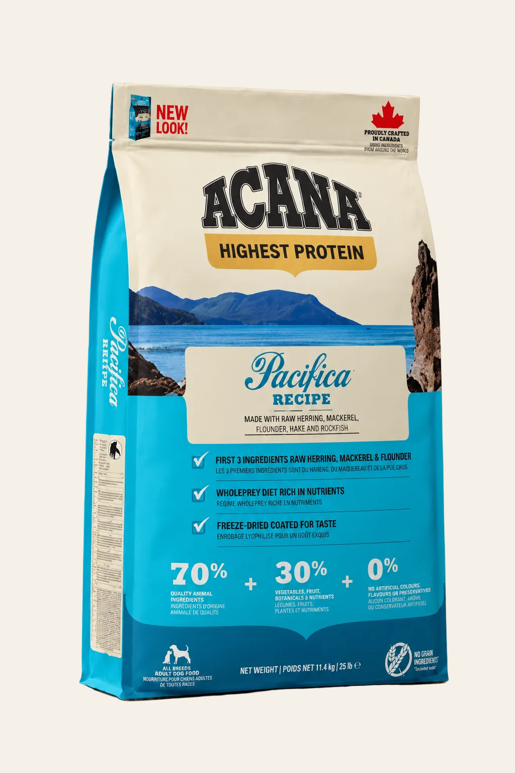 ACANA Pacifica graanvrij hondenvoer met vis voor volwassen honden, blauw-witte verpakking van 11,4 kg op warme product achtergrond