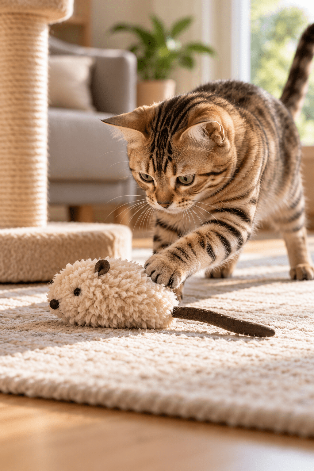 Gestreepte kat speelt met een beige AFP Wooly Mouse kattenmuis van zachte lamswol op een licht tapijt in een gezellige woonkamer.