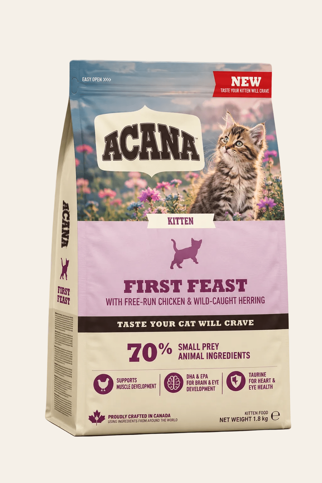 Acana First Feast kittenbrokken 1,8 kg in crème-roze verpakking met bloemen en jonge kat, complete kattenvoeding met kip en haring.