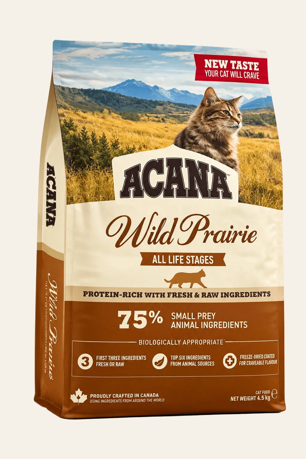 Acana Wild Prairie kattenbrokken 4,5 kg in beige-bruine verpakking met prairielandschap, graanvrije voeding met gevogelte en vis.