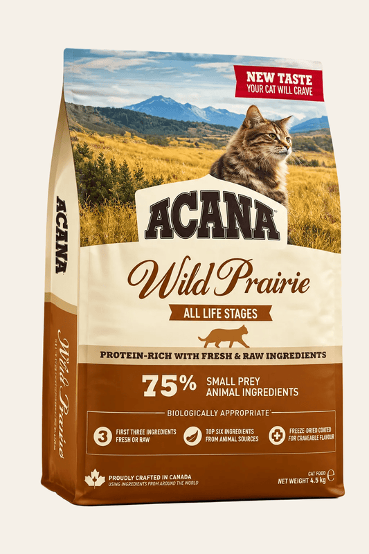 Acana Wild Prairie kattenbrokken 4,5 kg in beige-bruine verpakking met prairielandschap, graanvrije voeding met gevogelte en vis.
