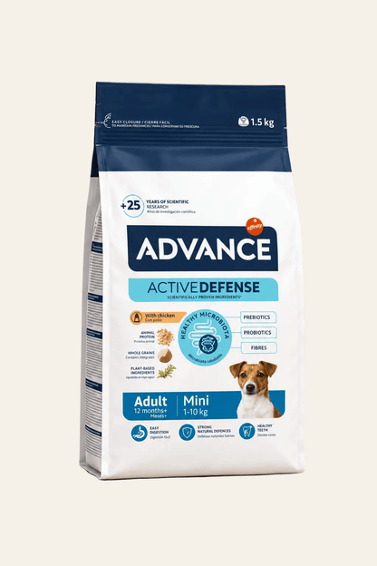 Advance Mini Adult droogvoer met kip en rijst voor volwassen honden van kleine rassen tot 10 kg in een verpakking van 1,5 kg