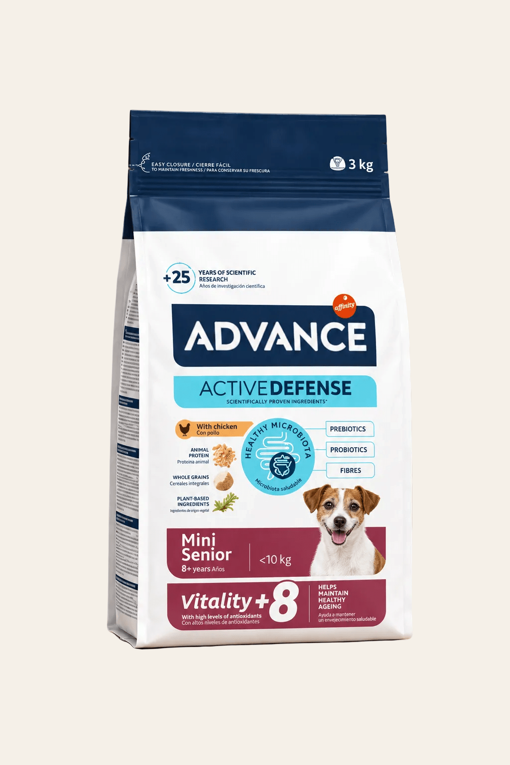 Advance Mini Senior droogvoer met kip en rijst voor oudere honden van kleine rassen tot 10 kg vanaf 8 jaar – verpakking van 3 kg