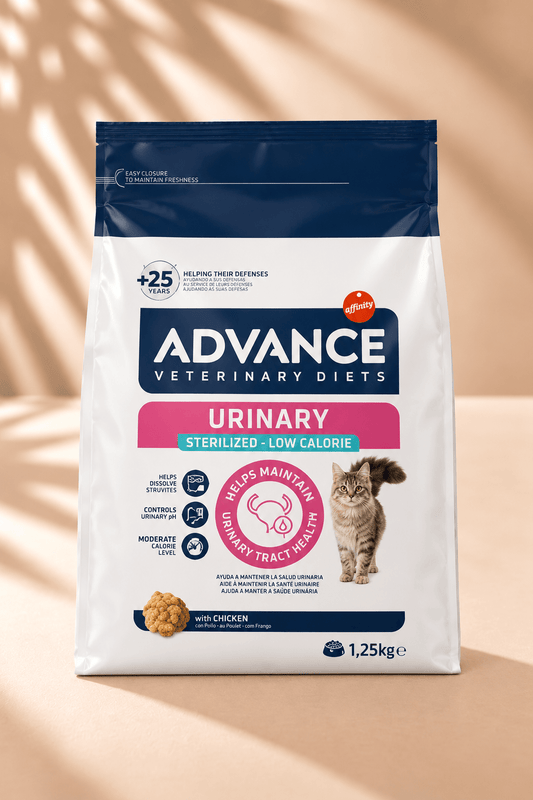 Advance Veterinary Urinary Sterilized kattenvoer 1,25 kg, witte zak met donkerblauwe bovenzijde en roze urineweglabel.