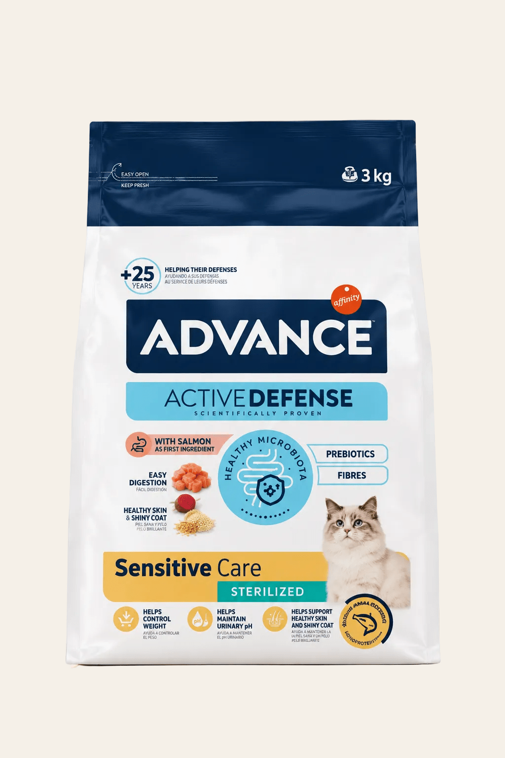 Advance Sterilized Sensitive kattenbrokken 3 kg, witte en donkerblauwe zak met gele Sensitive Care-aanduiding en lichte kat.