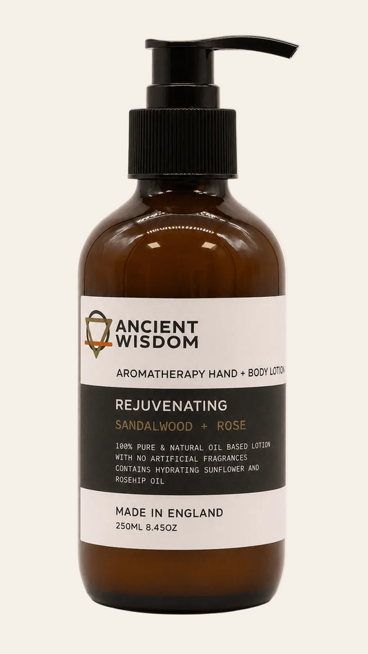 Aromatherapie hand en bodylotion met sandelhout en rozengeur