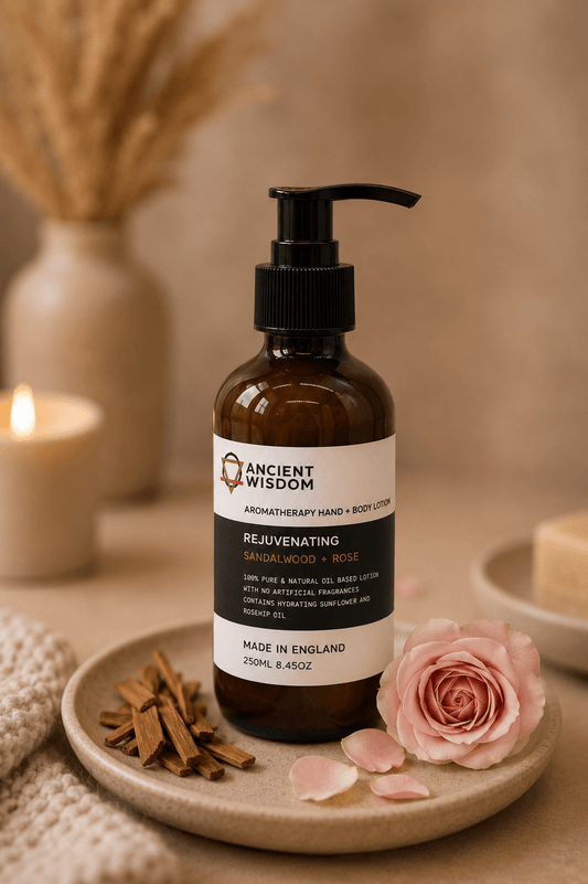 Aromatherapie hand en bodylotion met sandelhout en rozengeur
