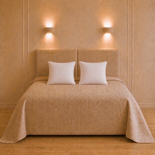 Opgemaakt bed met twee witte Arrival hoofdkussens van 60 × 60 cm in een warme slaapkamer
