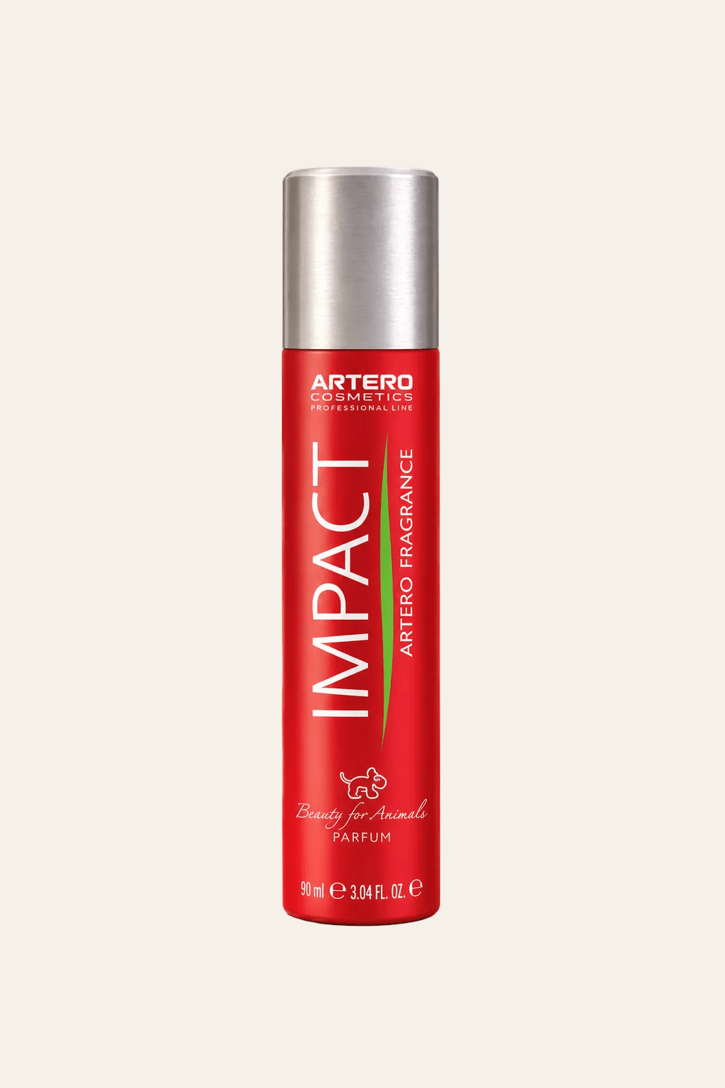 Artero Impact parfumspray voor honden in rode aluminium flacon met zilverkleurige dop en verticale witte Impact-opdruk.