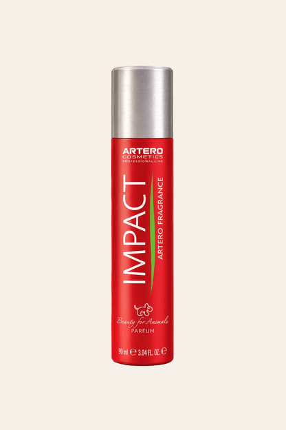 Artero Impact parfumspray voor honden in rode aluminium flacon met zilverkleurige dop en verticale witte Impact-opdruk.