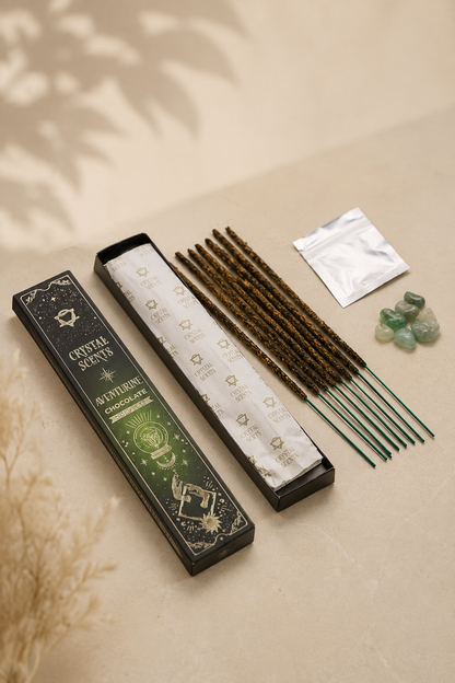 Aventurijn chocolade smudge wierook met kristallen op een zacht beige achtergrond met een gedroogde plant