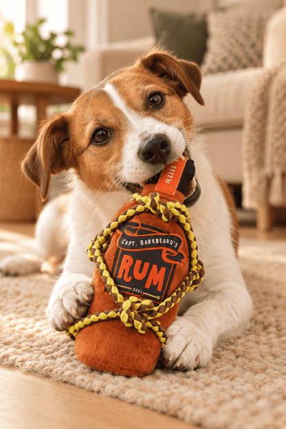 Speelse hond houdt de Bark Barkbeard's pluche rumfles met gevlochten trektouw vast op een beige vloerkleed in de woonkamer.