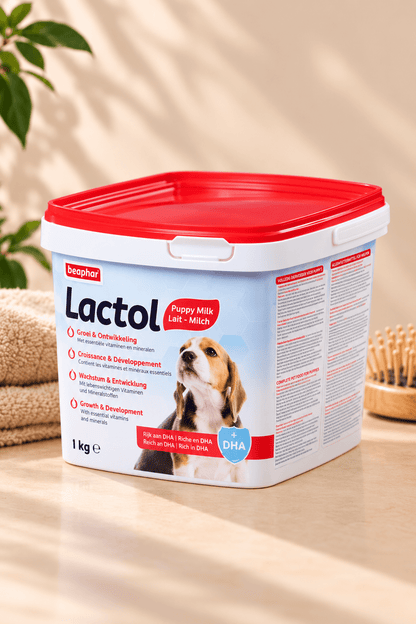 Beaphar Lactol puppymelk 1 kg in witte emmer met rood deksel op lichtbeige ondergrond met zachte handdoek en houten borstel.